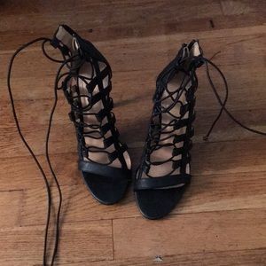 Black cage lace up heels